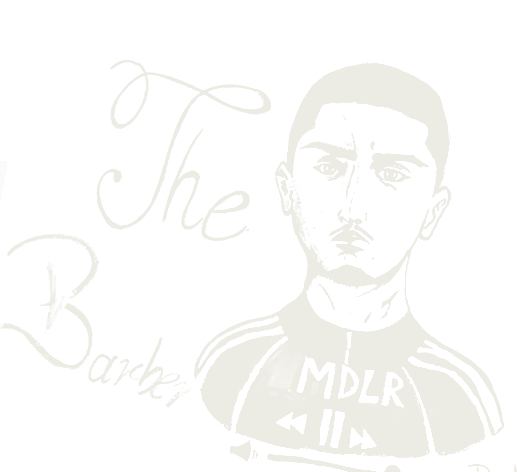 Trazo del mural «The Barber» de la barbería: retrato a línea de un barbero, obra de Hakim